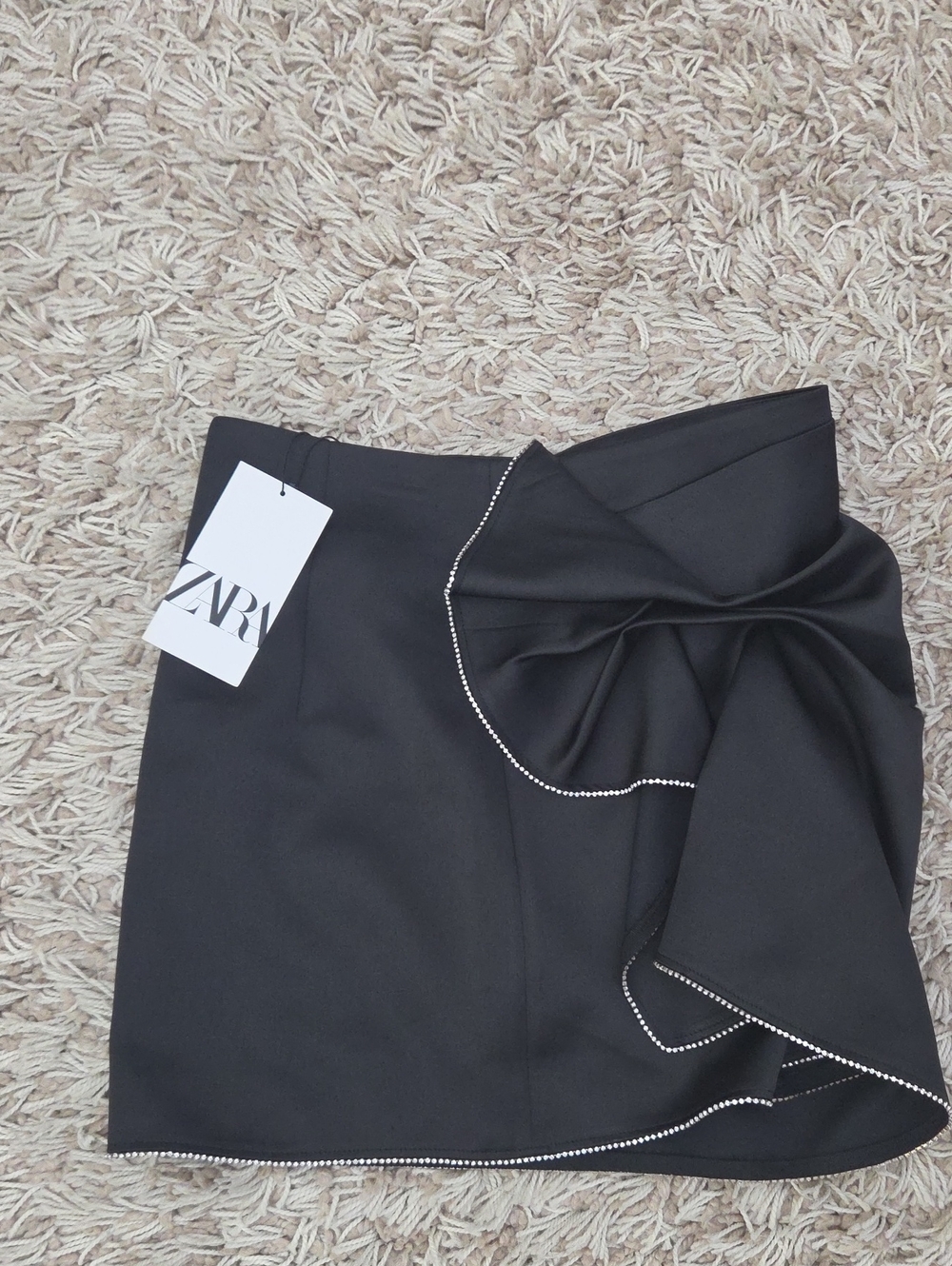 Zara Black Mini Skirt with Ruffle & Rhinestone Edge